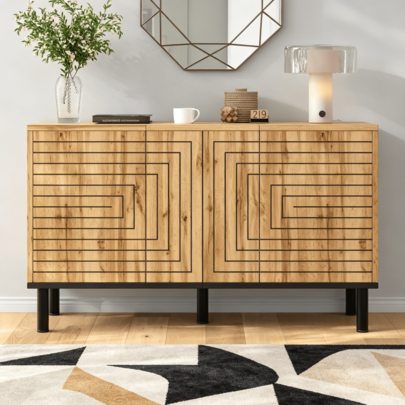 120*35*68cm Wellenmuster Sideboard /Böhmen Aufbewahrungsschrank/Tragkraft 50kg /Verstärkte Schrankfüße /Einfache Montage /Geeignet für Wohnzimmer, Flur, Esszimmer, Schlafzimmer und Arbeitszimmer,Holzfarbe