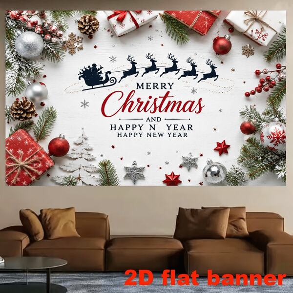 Bannière de fond de fête de Noël et du Nouvel An 2D plate, thème de Noël, comprend le traîneau du Père Noël, des rennes, des boîtes cadeaux, des branches de pin, des pommes de pin, des boules de Noël, des flocons de neige et d'autres éléments, matériau en polyester sans alimentation électrique, effet décoratif rempli d'une atmosphère chaleureuse de vacances