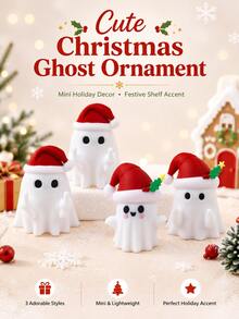 Cute Christmas Ghost Figurine, Mini Holiday Decor, Ghost Statue With Christmas Hat, Suitable For Desk Shelf Tabletop Decoration, Holiday Home Party Ornament - Multicolor - View 2