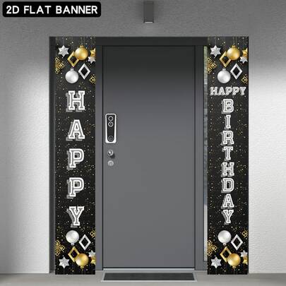 Biển treo phẳng 2D 1 cái chủ đề Happy Birthday treo cạnh cửa, nền đen với bóng bay vàng và bạc, sao và các yếu tố trang trí hình học, điểm xuyết chấm kim tuyến vàng, chất liệu polyester, không cần dùng điện, tiện dụng, phù hợp trang trí tiệc sinh nhật, làm quà tặng lễ hội, dùng cho sự kiện sinh nhật trong nhà và ngoài trời, trang trí lối vào, phông nền chụp ảnh, họp mặt gia đình, tiệc ngoài trời, trang trí studio, phong cách tinh tế đậm không khí