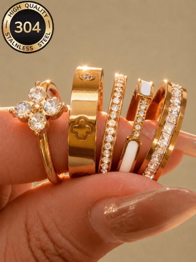 ZCNC Znice 304 Stainless Steel + Copper 18K Gold Plated Stackable Ring Set, Women's Style, Lucky Four-Leaf Clover With Rhinestones, Luxury Sparkling White Mother Of Pearl And Shiny Square Diamond Personalized Rings, Hypoallergenic Minimalist Jewelry, Perfect Mother's Day Gift, Summer Vacation Accessory