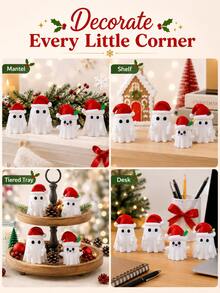 Cute Christmas Ghost Figurine, Mini Holiday Decor, Ghost Statue With Christmas Hat, Suitable For Desk Shelf Tabletop Decoration, Holiday Home Party Ornament - Multicolor - View 7