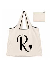 Sac cabas blanc à la mode avec initiale artistique A-Z noire, design avec bordure noire, matériau en taffetas enduit de polyester, sac de courses pliable et portable, sac cabas grande capacité pour femmes avec design facile à plier, convient pour un usage quotidien, les voyages, les vacances, l'école, la rentrée scolaire, le travail et les courses, chariot multifonctionnel, poignée robuste, cadeau pour la fête des enseignants, saison de la rentrée scolaire, fête de l'indépendance, voyage de vacances - Multicolore - Voir 24