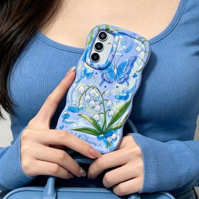 1pc Green Floral Blue Butterfly Cute Cartoon Dandelion Flower Plant Personalized Landscape Painting Fresh European American Ins Gentle Style Beautiful For Women, Macaron Color Full Coverage Anti-Drop Fresh Colorful Wavy Shape Cream Style, [International Version Not Local Version] Suitable For Android/GALAXY/A/S/FE/PLUS/ULTRA/PRO/NOTE/POCO/X/Transsion/HOT/PLAY/SPARK/POP/SMART/RENO/Honor/E/G/Phone Case/Protective Cover