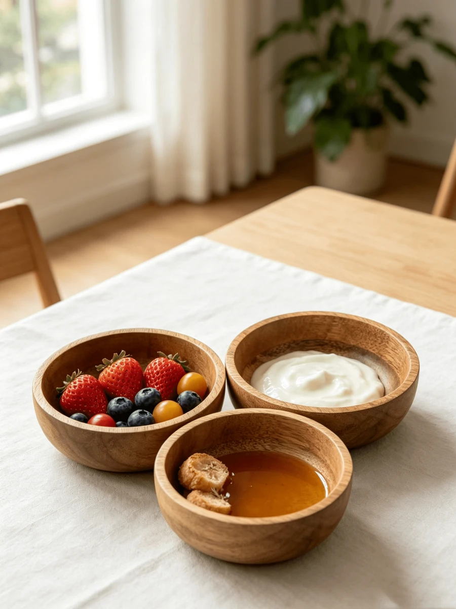 Cuencos redondos de madera, juego de 3, medidas 12,7 cm * 5,08 cm, fáciles de limpiar, ideales para servir dips, salsas, frutos secos, aperitivos y postres, adecuados como accesorio decorativo para la cocina y cenas especiales - Marrón - Ver 1