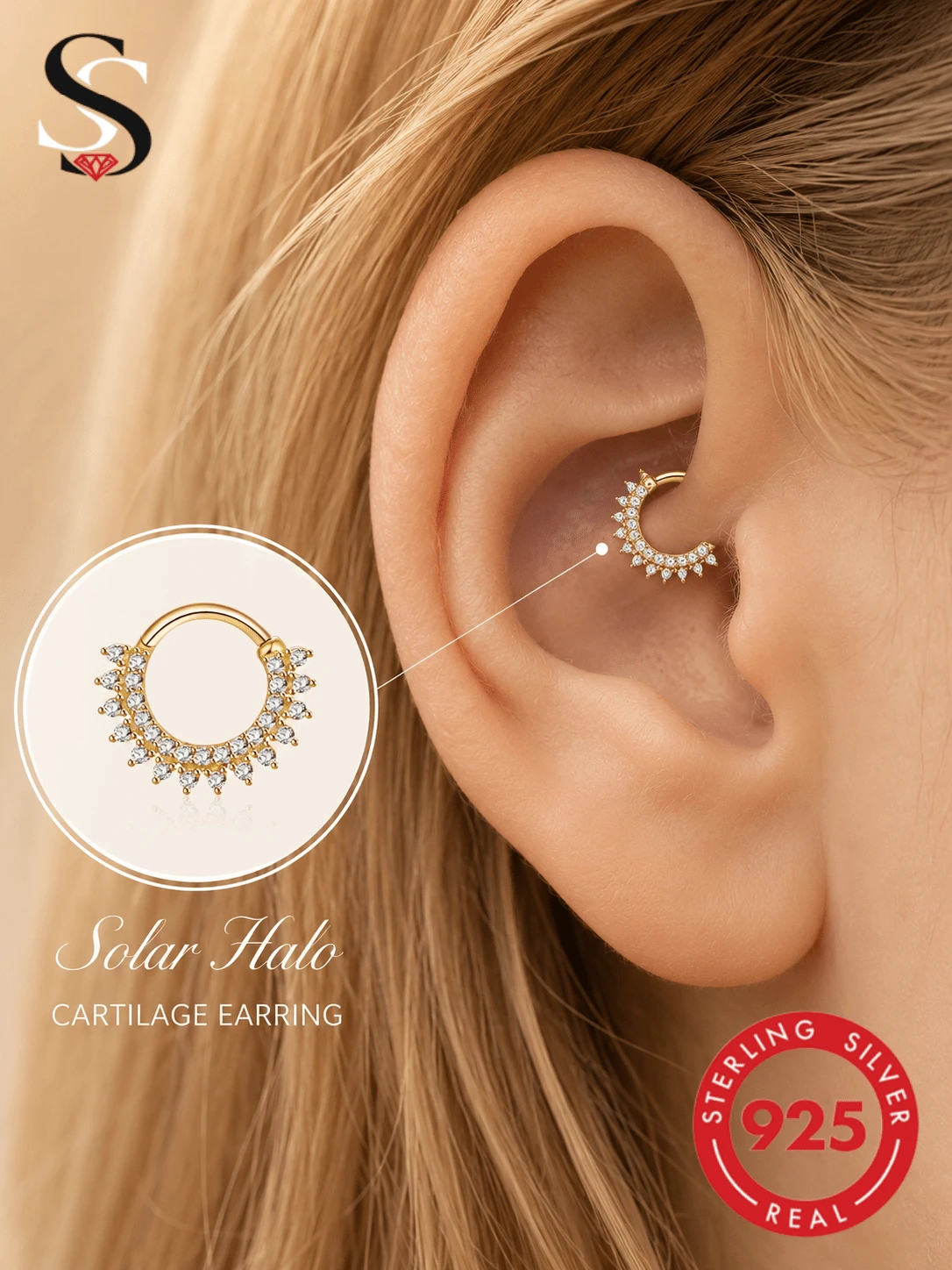 1pc S925 Sterling Silver Cubic Zirconia Ear Cuff Earring & Nose Ring, Fashion Jewelry For Women