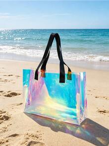 1件透明全息海灘包 大容量PVC托特包 粉色亮片BEACH印花 防水游泳收納袋 適用海灘度假 - 彩色 - 查看 4