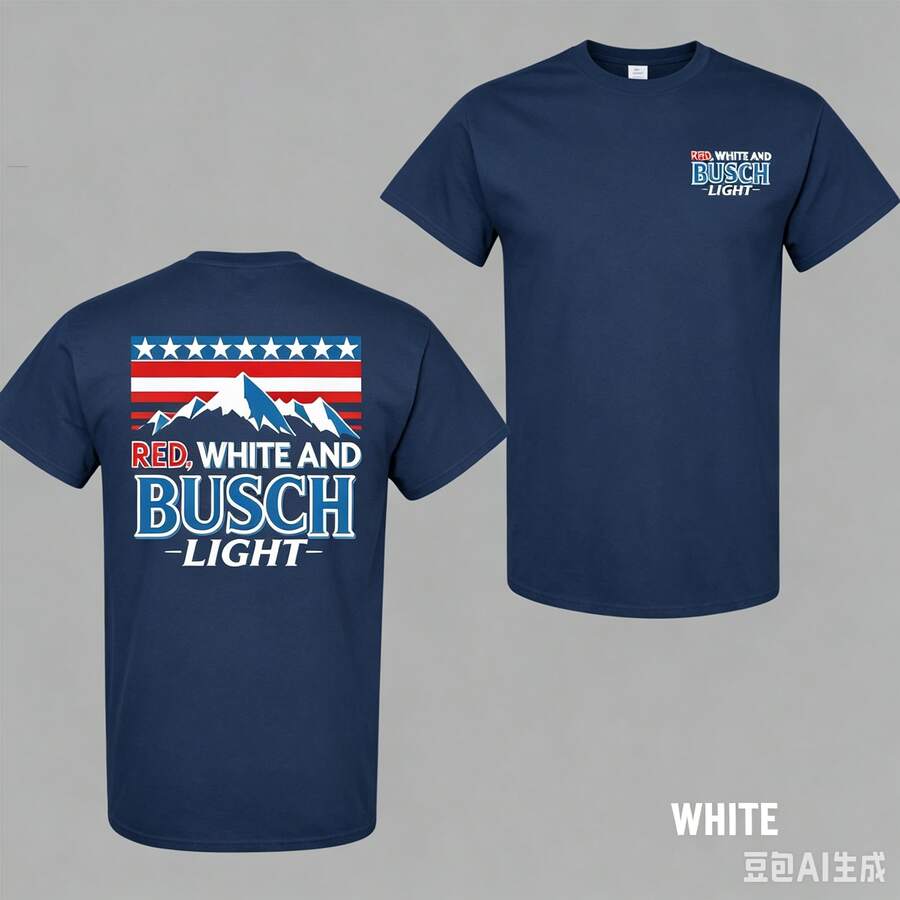 Red White And Busch Light 2 Sided T-Shirt, 4th Of July Merch, Patriotic Drinking Shirt, Casual Streetwear Top, Graphic Tee For Men, For Womendazy Clot - 藏蓝色 - 查看 1