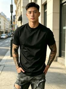 Men's Casual Versatile Solid Color High Neck Short Sleeve T-Shirt, Spring/Summer 100% Cotton Summer T-Shirt Gift For Men - 黑色 - 查看 5