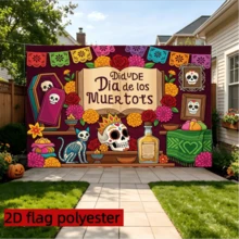 1pc 2D Flat Banner Day Of The Dead Themed Vintage Decorative Backdrop, Suitable For Mexican Festival Decoration, Home Party Background, Altar Arrangement, Photography Backdrop Wall, Indoor And Outdoor Holiday Atmosphere Creation, Polyester Material, Day Of The Dead Decoration, Halloween Decoration Supplies - A - View 8