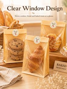 100PCS Bakery Bags With Clear Window, 7.5 X 7.1 In Kraft Paper Treat Bags With 100 Thank You Stickers, Christmas Gift And New Year Gift Making Bags For Bread, Cookies, Pastries, School Events, Small Business, Party Favors And Holiday Packaging - Brown - View 7