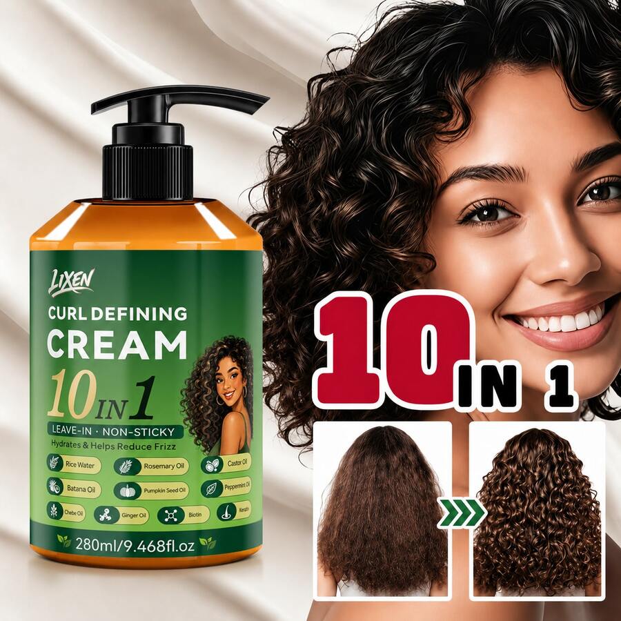 Creme Modelador de Cachos 10 em 1 - 9,46 Oz. Contém Alecrim, Óleo de Butternut, Óleo de Rícino e Outros Ingredientes Nutritivos, Controla Efetivamente o Frizz, Hidrata e Modela os Cabelos, Proporciona Fixação Elástica Duradoura. Adequado para Cabelos Ondulados e Cacheados: Volumizador, Hidratante, Brilhante, Elástico, Uma Escolha Ideal para Modelagem Diária