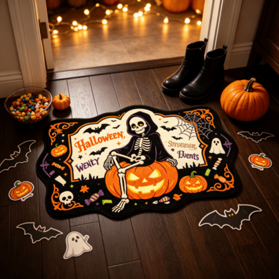 Halloween Cartoon Skeleton Ghost Pumpkin Print Round Shaped Non-Slip Absorbent Entryway Doormat, Halloween Atmosphere Decorative Floor Mat, Bathroom Rug, Bathroom Mat, Non-Slip Backing Carpet, Home Entrance Dust-Removing Wear-Resistant Door Mat, Indoor/Outdoor Universal Shaped Bathroom Floor Mat, Soft Fluffy Faux Cashmere Material, Microfiber Material, Suitable For Bathroom, Kitchen, Entryway, Hallway, Bedside, Living Room, Bedroom, Machine Washable