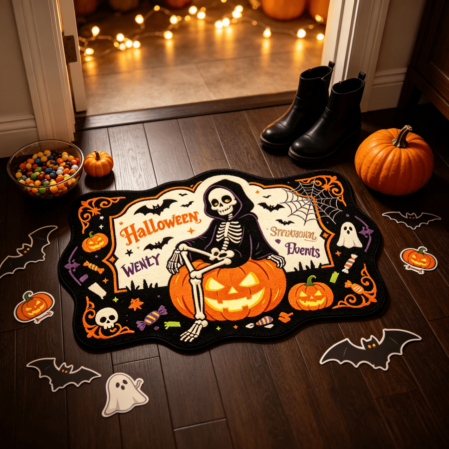 Halloween Cartoon Skeleton Ghost Pumpkin Print Round Shaped Non-Slip Absorbent Entryway Doormat, Halloween Atmosphere Decorative Floor Mat, Bathroom Rug, Bathroom Mat, Non-Slip Backing Carpet, Home Entrance Dust-Removing Wear-Resistant Door Mat, Indoor/Outdoor Universal Shaped Bathroom Floor Mat, Soft Fluffy Faux Cashmere Material, Microfiber Material, Suitable For Bathroom, Kitchen, Entryway, Hallway, Bedside, Living Room, Bedroom, Machine Washable