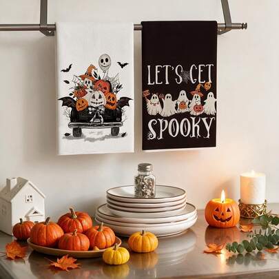 2/4/8pcs Pumpkin Ghost Pattern, Soft And Absorbent Hand Towels, Made Of Polyester, Machine Washable, Perfect For Kitchen Decor, Cooking, Baking, Holiday Decor And Bathroom, Table Decor, Kitchen Utensils, Halloween Home Decor, New Home Bathroom Entry Gift