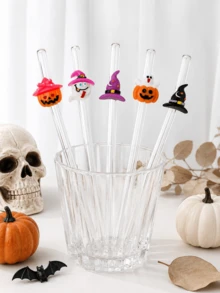 1-5PCS Reusable Clear Glass Straws With Halloween Witch Hat,Ghost&Pumpkin Accents,Cute Holiday Decor Drinking Straws For Kitchen Accessories,Water Cup,Boba Tea,Juice,Smoothies & Cold Drinks,Ideal For Beach Parties,Outdoor Picnics,Camping,Halloween Pa - View 4