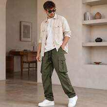 Men's Olive Green Cargo Pants, Loose Fit Drawstring Waist Streetwear Pants, Multi Pocket Casual Jogger Style Pants For Daily Wear, Outdoor, Travel & Hip Hop Outfits - Military Green - View 1