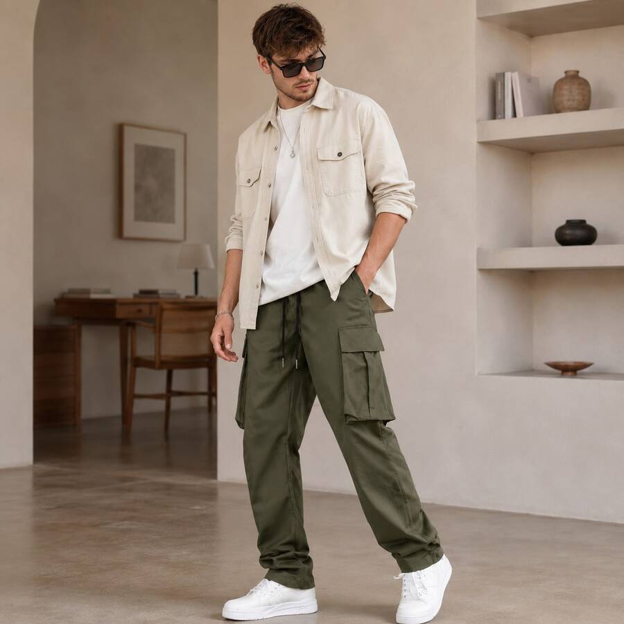 Men's Olive Green Cargo Pants, Loose Fit Drawstring Waist Streetwear Pants, Multi Pocket Casual Jogger Style Pants For Daily Wear, Outdoor, Travel & Hip Hop Outfits - Military Green - View 1