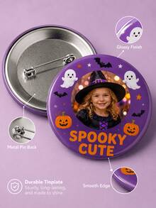 1 pieza Insignia de foto personalizada de Halloween, botón redondo personalizado con diseño espeluznante y lindo de fantasma, murciélago y calabaza, con alfiler de metal para mochila, chaqueta, camiseta - Multicolor - Ver 6