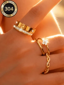 Znice 304 Stainless Steel + Copper 18K Gold Plated Stackable Ring Set, Women's Style, Rhinestone Lucky Four-Leaf Clover, Full Rhinestone And Enamel, Luxury Sparkling Personalized Rings, Hypoallergenic Minimalist Jewelry, Perfect Mother's Day Gift, Summer Vacation Accessory - Gold - View 4