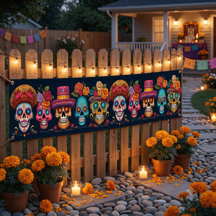 2d Plane Banner, 1 Piece, Mexican Day Of The Dead Courtyard Banner, Polyester Fiber, Candy Skull Pattern, Suitable For Indoor And Outdoor Garden Porch And Lawn Decoration. - 1 - View 1