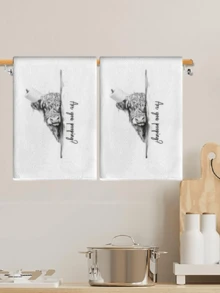 2Pcs Thanksgiving Farmhouse Funny Peeking Highland Cow Kitchen Towels, Machine Washable Dish Towels, Rustic Fall Holiday Kitchen Decor Gift - White - View 7