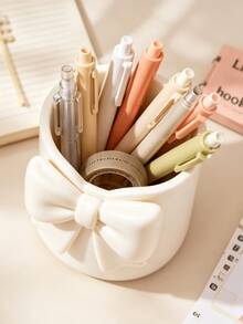 1pc Bowknot Round Pen Holder, 3D Printed Multi-Functional Storage Bucket, Home Storage Desk Stationery Makeup Vanity Storage Makeup Brushes Eyebrow Pencils Lipsticks, Student Storage Stationery Pencils Ballpoint Pens, Multi-Functional Storage Box Cute Pen Holder, Student Gift, Birthday Gift, Back To School Season Goodies - Bow Pen Holder - View 3