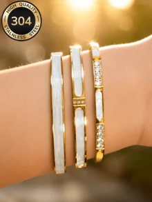 ZCNC Znice Fashion Stainless Steel 18K Gold Plated Rhinestone Bracelet With White Decorative Mother Of Pearl Bracelet Set, Suitable For Women's Daily Wear, Holiday Gift, Fashion Women's Bracelet Set - Gold - View 9