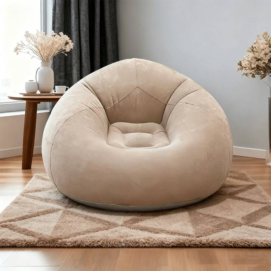 1pc Large Slouchy Inflatable Sofa Chair, Thickened Flocked PVC Bean Bag Lounge Chair, Outdoor Camping Equipment, Picnic, Park, Living Room, Dorm Single Seat, Easy To Inflate And Deflate