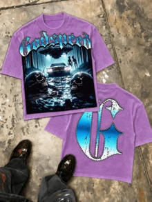 UFO Alien Print Graphic Tee, Oversized Men Cotton Crew Neck Double-Sided Streetwear Summer Top - 紫色1 - 查看 13