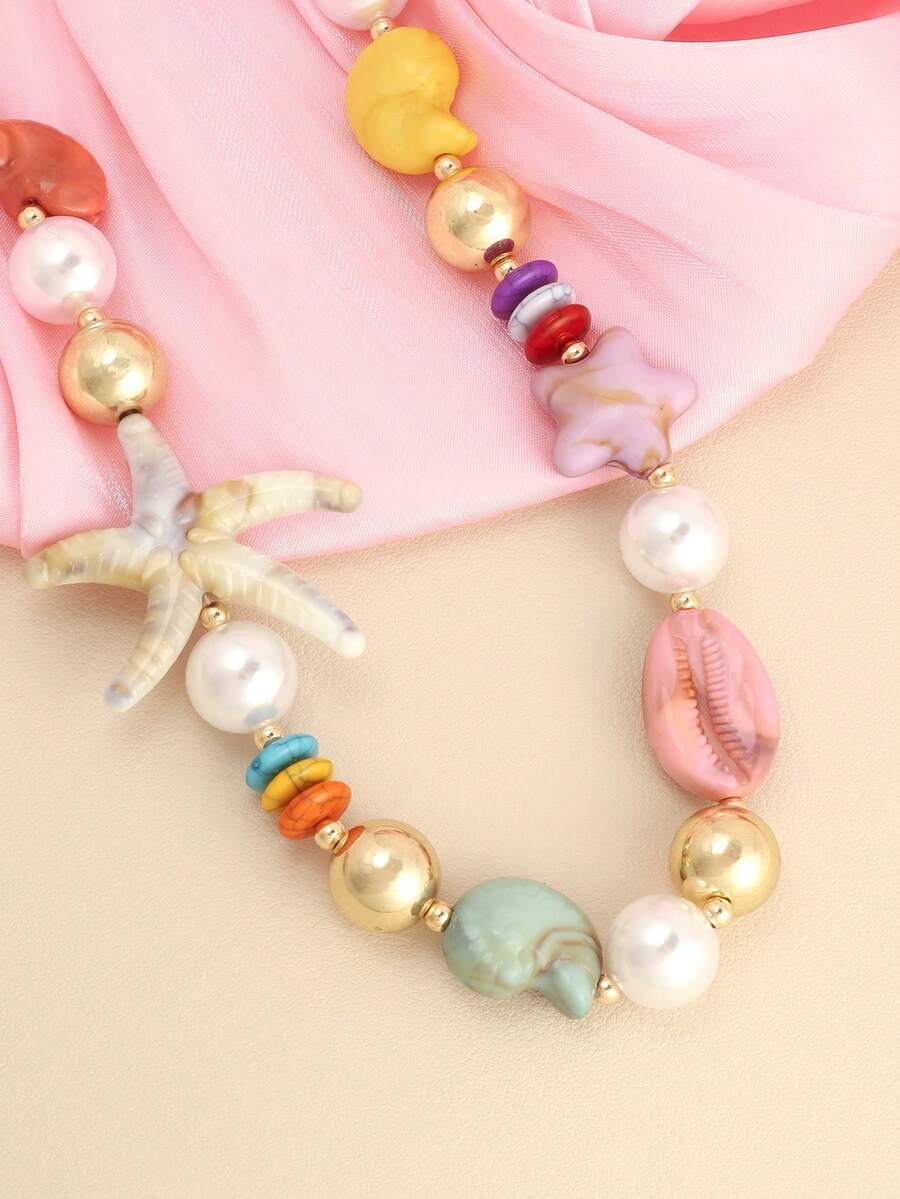 1 Peça Novo Colar de Resina Estilo Praia com Concha e Estrela-do-Mar, Colar Acessório Feminino - Multicolorido - Visão 1