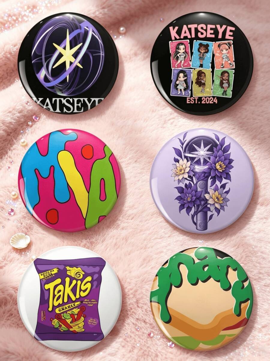 1/6Pcs 4.4cm Katseye Mixed Design Button Pins K-Pop Q Character, Lightstick, Snack & Graffiti Lapel Brooches, Fashion Style Badges Suitable For Backpacks And Bag Charms - Multicolor - View 1
