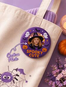 1 pieza Insignia de foto personalizada de Halloween, botón redondo personalizado con diseño espeluznante y lindo de fantasma, murciélago y calabaza, con alfiler de metal para mochila, chaqueta, camiseta - Multicolor - Ver 2