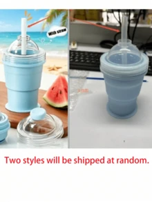 1pc 2-In-1 Foldable Ice Ball Maker, Reusable Portable Ice Ball Mold With Straw And Lid, Mini Tray, Leak-Proof Travel Cup, Suitable For Whiskey, Coffee, Juice (Blue + Yellow) - Multicolor - View 10