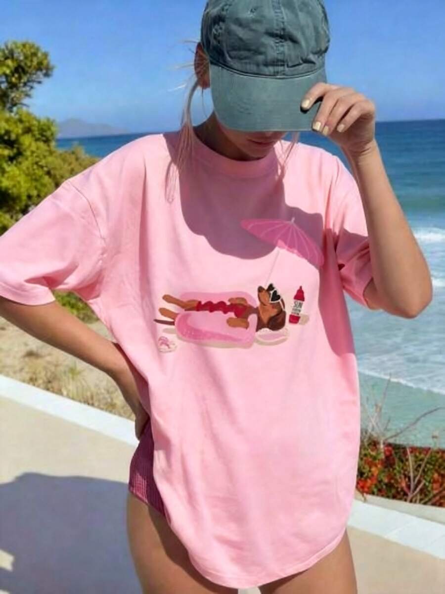 Women's Summer Beige Dachshund Print Tee, 100% Cotton Loose Crew Neck Short Sleeve T-Shirt For Casual Daily, Vacation & Spring Outfits - 粉色 - 查看 1