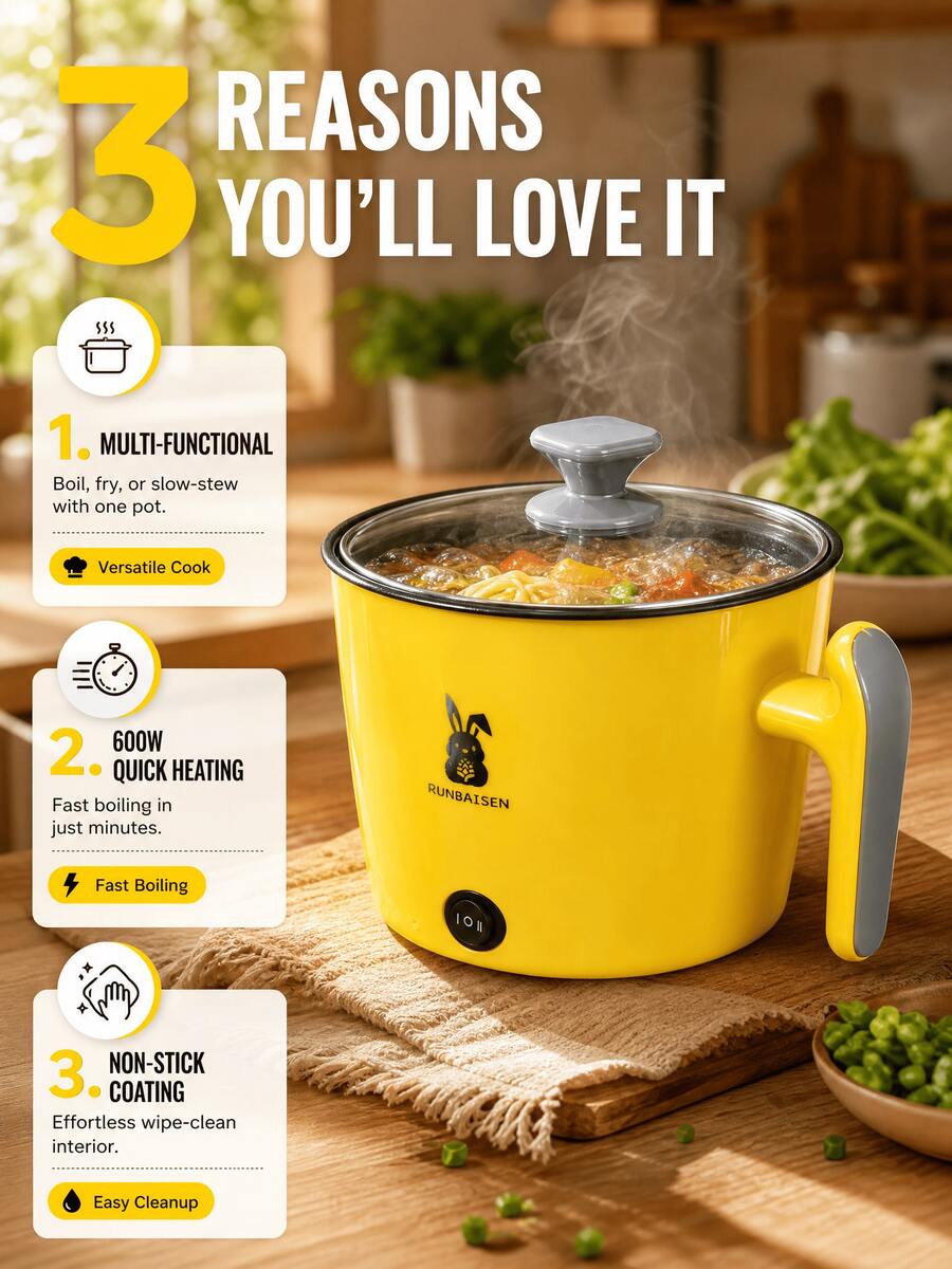 SMEGGEMS Multifunctional Electric Rice Cooker, Student Electric Pot, Dorm Mini Rice Cooker, Multifunctional All-In-One Pot, Hot Pot With 2-Level Heat Settings For Sauté/Boil/Stew, Suitable For 1-3 People, Non-Stick Inner Pot, Easy To Clean, Time-Saving - Yellow Single Layer - View 1