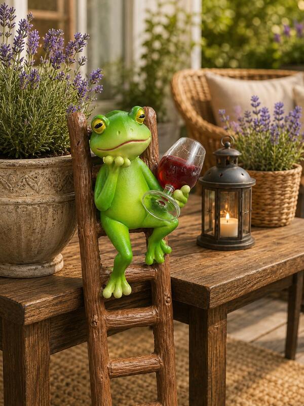 1pc Funny Frog Garden Statue With Wine Glass, Climbing Ladder Outdoor Ornament For Flower Pot Patio Porch Yard Balcony, Whimsical Resin Animal Figurine, Garden Lover Housewarming Birthday Gift
