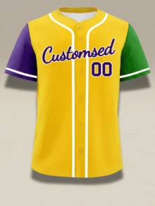 Custom Yellow Baseball Jersey Personalized Name Number Purple Green Piping Button Up Sporty Gameday Shirt Mardi Gras Uniform Tops - Yellow - View 3