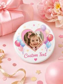 1 pieza Insignia redonda personalizada con foto y texto, botón de cumpleaños personalizado con marco de corazón, globos y estrellas, alfiler de metal para bolsos, mochilas, ropa - Multicolor - Ver 4