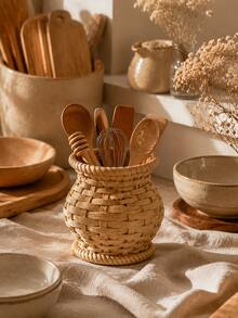1pc Boho Woven Basket Style Kitchen Utensil Crock, Countertop Flatware Organizer And Cooking Tool Holder, Spoon Chopstick Whisk Spatula Storage Container, Natural Rustic Cottagecore Home Kitchen Decor - Multicolor - View 6