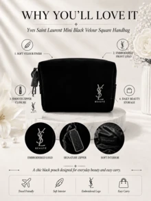 YSL Saint Laurent Mini Black Velvet Makeup Bag 12*10cm, Glitter Velvet Fabric With Embroidery, Smooth Metal Zipper, Compact And Portable, Ideal For Makeup Storage And Gifting - Black - View 5