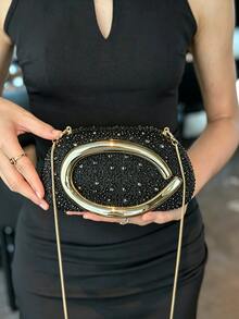 Elegante e alla moda borsa a mano in finta pelle, borsa a spalla minimalista vintage di colore unito, adatta per abbinare con abiti per feste e matrimoni - nero - Visualizzare 2