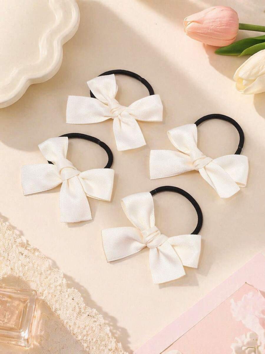 4pcs Girls White Bow Hair Ties, Cute Hair Bands, Suitable For Daily Use - White - View 1