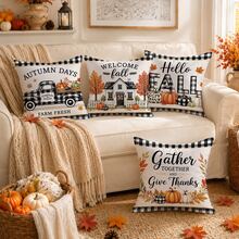 Autumn Black And White Plaid Pumpkin Truck Cabin Cushion Cover 4pcs Set, Single-Sided Printed Peach Skin Velvet Polyester Material, 45*45CM/18*18inch Pillowcase Suitable For Room Decoration, Modern Minimalist Sofa Living Room Decor, Gift Giving, Party Decoration - Multicolor - View 3