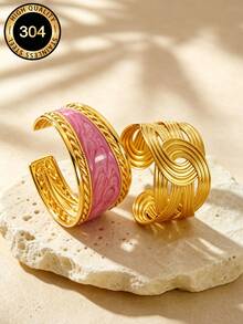 VceTd 2PCS Minimalist Exaggerated Style Asymmetrical Geometric Line Design Stainless Steel Women's Bracelets Suitable For Daily Wear Or Vacation Or Gift - Yellow Gold - View 1