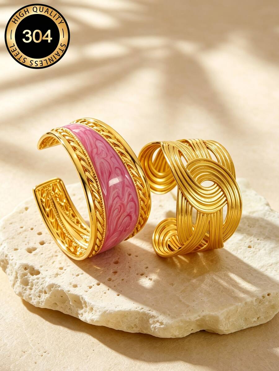 VceTd 2PCS Minimalist Exaggerated Style Asymmetrical Geometric Line Design Stainless Steel Women's Bracelets Suitable For Daily Wear Or Vacation Or Gift - Yellow Gold - View 1