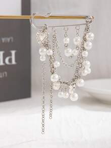 1pc Sweet Cool Retro Faux Pearl Chain Brooch Pin, Decorative Shorts Hem Chain - Silver - View 3