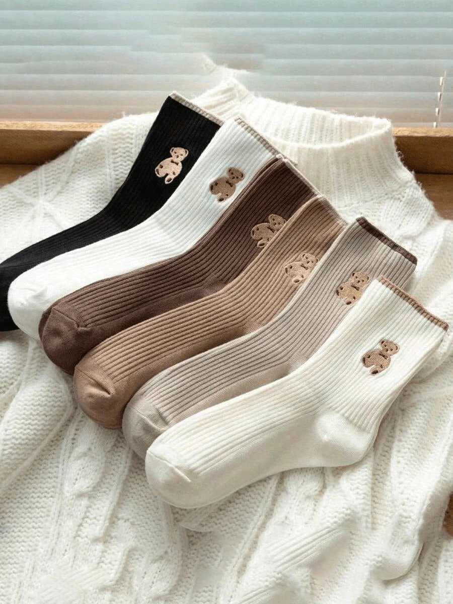 5雙可愛泰迪熊刺繡襪，男女通用－柔軟羅紋針織，多色可選，適合四季穿著，輕盈舒適
