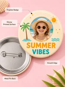 1 pieza Insignia redonda personalizada con foto de vibras de verano, broche de botón con foto personalizada con diseño de palmera, sol & ola del océano, lindo para mochila, chaqueta, bolso - Multicolor - Ver 6