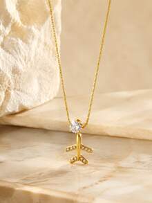 VceTd 1pc Cute Elegant Style Stainless Steel Airplane Pendant Necklace With Glass Inlay, Suitable For Women's Daily Wear, Holiday Outings, Fashion Parties, Vacations, Music Festivals, Afternoon Tea, Dates, Or As A Holiday Gift For Women Or Loved Ones - Yellow Gold - View 4